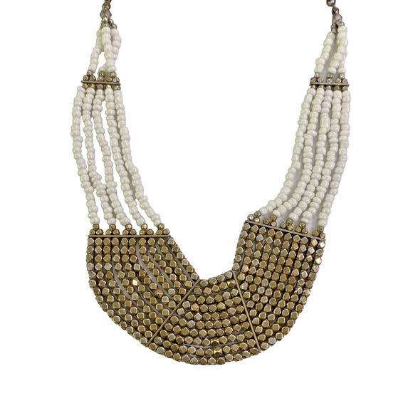 Beaded Multi Strand Bib Statement Necklace Boho White Faux Pearls Gold Metallic - Picture 7 of 7